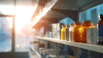 A bright pharmacy shelf filled with various medicine bottles in soft sunlight.