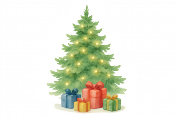 Christmas tree glowing with string lights, surrounded by watercolor gift boxes, symbolizing yuletide season celebration