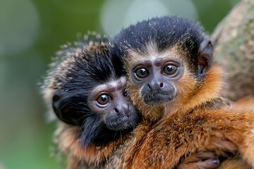 Two baby monk saki monkeys cuddling together