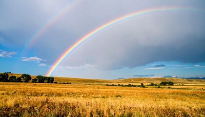 Majestic Double Rainbow Arches Over Golden Field Landscape After Storm.