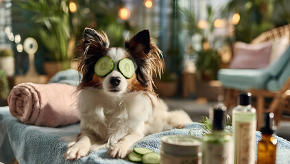 A pampered dog enjoys spa treatment with cucumber slices over its eyes and luxury products.