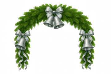 Christmas garland forming arch with spruce branches, silver bells, and bows, creating festive holiday decoration