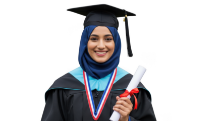 Smiling muslim woman in graduation cap and gown holding diploma isolated on transparent background