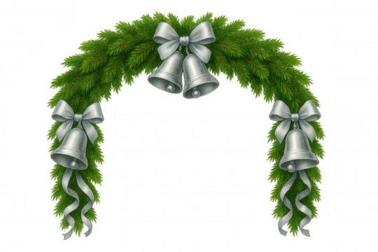 Christmas garland forming arch with spruce branches, silver bells, and bows, creating festive holiday decoration