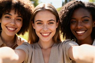 Women of different races smile and take selfies, demonstrating friendship, unity and happiness, as well as tolerance and positive social interaction among women.Generated by AI