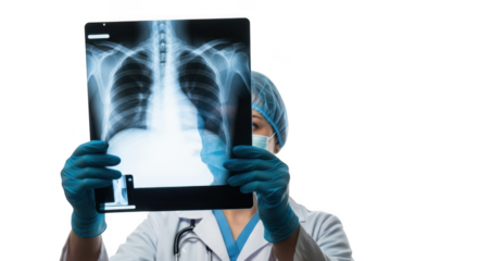 Doctor examining a chest x ray film showing lungs and rib cage isolated on transparent background
