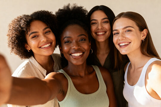 Women of different races smile and take selfies, demonstrating friendship, unity and happiness, as well as tolerance and positive social interaction among women.Generated by AI