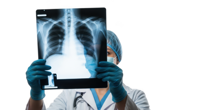 Doctor examining a chest x ray film showing lungs and rib cage isolated on transparent background