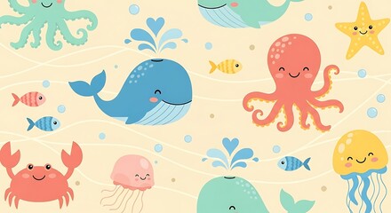 Obraz premium A charming seamless pattern of cute cartoon sea creatures, including whales, octopuses, crabs, and jellyfish, on a light background.