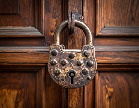 Antique padlock on a wooden door