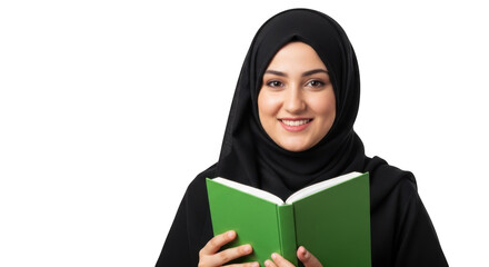 Smiling young woman wearing a black hijab holding an open green book isolated on transparent background