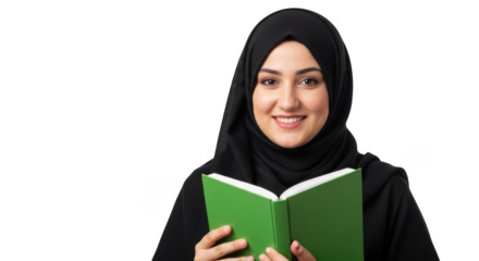 Smiling young woman wearing a black hijab holding an open green book isolated on transparent background