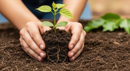 Nurturing new life a pair of hands gently holds a seedling with visible roots ready to be planted into fertile soil symbolizing growth sustainability and environmental care
