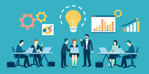Business team collaborating on a project with data analysis and a bright idea lightbulb illustration
