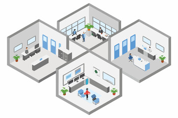 Isometric view of a modern office space with multiple rooms and employees working