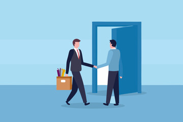 Man in suit carrying box of belongings shakes hands with colleague at office doorway