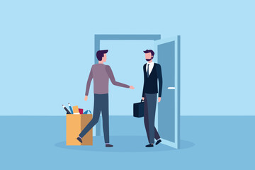 Two businessmen meeting at an open doorway with a box of office supplies nearby