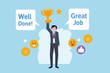 Man in suit holding golden trophy with well done and great job speech bubbles and emoticons