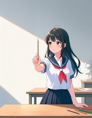 デッサンの比率を鉛筆で計る女性