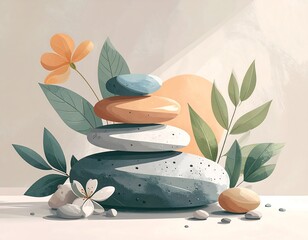 Calm stones and flowers in a sunlit setting