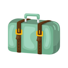 A light teal suitcase with brown leather straps and gold buckles