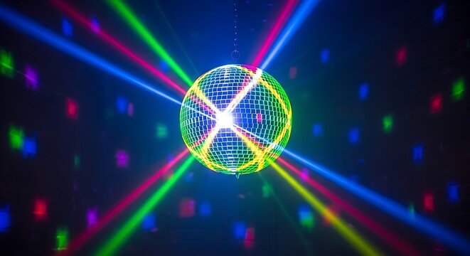 A vibrant disco ball radiates colorful light beams in a dark nightclub setting.