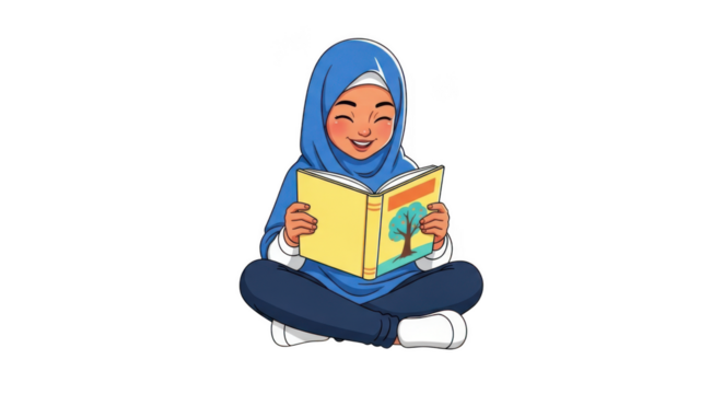 Young muslim girl wearing a blue hijab reading an open book while sitting cross legged isolated on transparent background