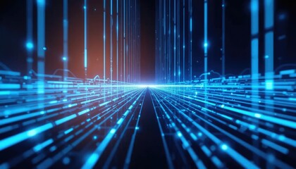 Abstract digital highway of glowing blue data streams converging at a vanishing point.