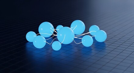 A group of luminous, light-blue spheres connected by thin, white lines on a dark surface, creating a dynamic visual representation of a network or connection.
