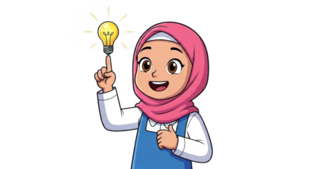 Young muslim girl wearing a pink hijab with a bright idea lightbulb above her head isolated on transparent background