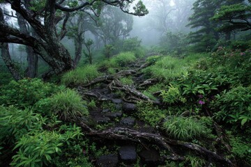 Misty mountain path winding through lush, tangled forest