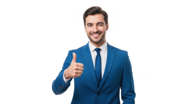 Smiling businessman in a blue suit giving a thumbs up gesture isolated on transparent background - Powered by Adobe