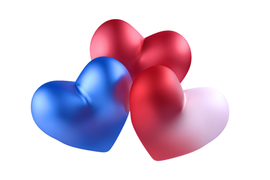 Three colorful 3D hearts isolated on white transparent background - Powered by Adobe