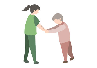 老人が介護士と歩行訓練をしているカラーイラスト