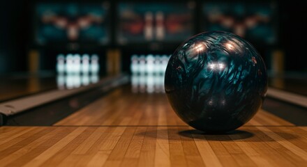 A dark, swirling bowling ball sits on the wooden lane, ready to be hurled towards the pins at the end of the polished surface.