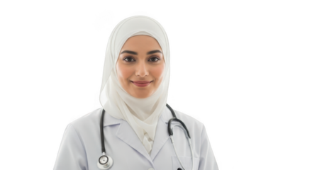 Smiling muslim female doctor wearing a white lab coat and hijab with a stethoscope isolated on transparent background
