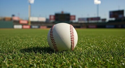 Baseball resting on the field. The image evokes feelings of springtime and the start of a baseball game on a warm sunny day.
