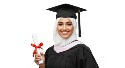 Smiling muslim woman in graduation cap and gown holding diploma isolated on transparent background