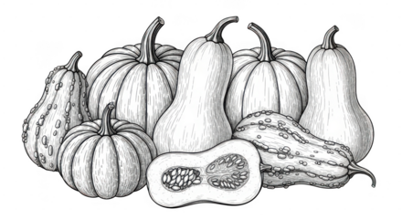 A detailed black and white illustration of various pumpkins and gourds, including a crosssection of one, arranged together isolated on transparent background