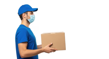 Delivery person wearing a blue uniform and face mask holding a cardboard package isolated on transparent background