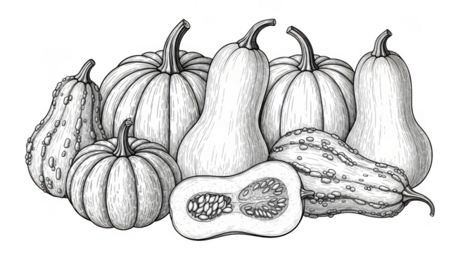A detailed black and white illustration of various pumpkins and gourds, including a crosssection of one, arranged together isolated on transparent background