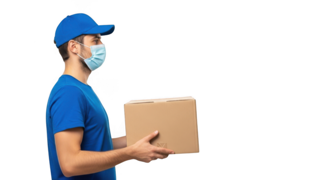 Delivery person wearing a blue uniform and face mask holding a cardboard package isolated on transparent background
