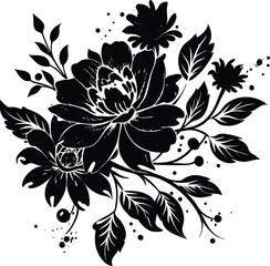 Elegant Black and White Floral Vector Bouquet with Grunge Splatters