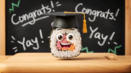 A smiling rice ball wearing a graduation cap on a desk with a chalkboard background.