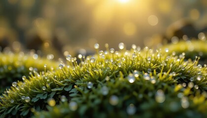 Dew-kissed moss in a sunlit forest floor.