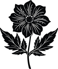 Elegant Black and White Floral Vector Art, Decorative Flower with Detailed Leaves and Petals