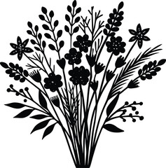 Elegant Monochrome Wildflower and Berry Arrangement Graphic