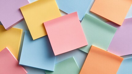 Fototapeta premium Colorful sticky notes arranged in an abstract pattern on a surface, ideal for organization, reminders, or brainstorming new ideas and inspiration.