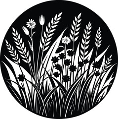 Elegant Wildflower and Cereal Plant Silhouette in Circular Frame, Black and White Vector