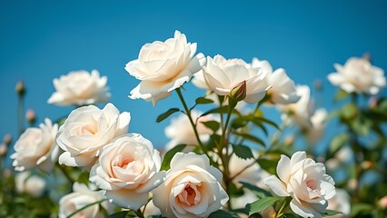 White roses in full bloom against a blue sky, bathed in soft sunlight with a floral focus.